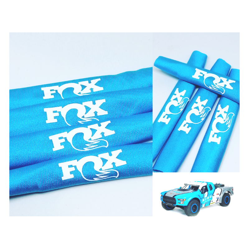 FUNDAS 1/10 PROTECCION AMORTIGUADORES RC 1/10 FOX LICRA AZUL FLUOR LOGO BLANCO rcprogranada.com - Imagen 1