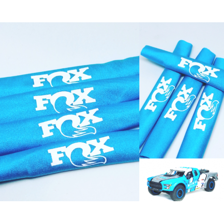 FUNDAS 1/10 PROTECCION AMORTIGUADORES RC 1/10 FOX LICRA AZUL FLUOR LOGO BLANCO rcprogranada.com - Imagen 1