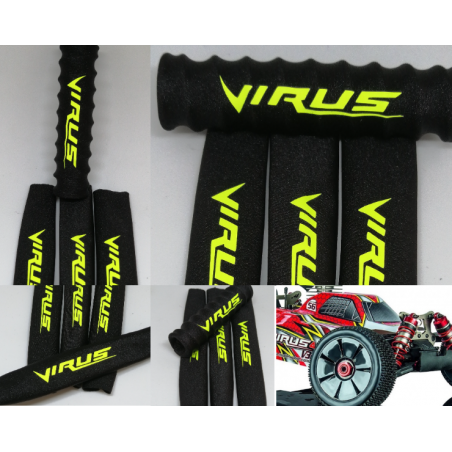 FUNDAS 1/8 PARA AMORTIGUADORES DISEÑO PARA CARSON VIRUS, FUNDA NEGRA LOGO AMARILLO FLUOR rcprogranada.com - Imagen 1